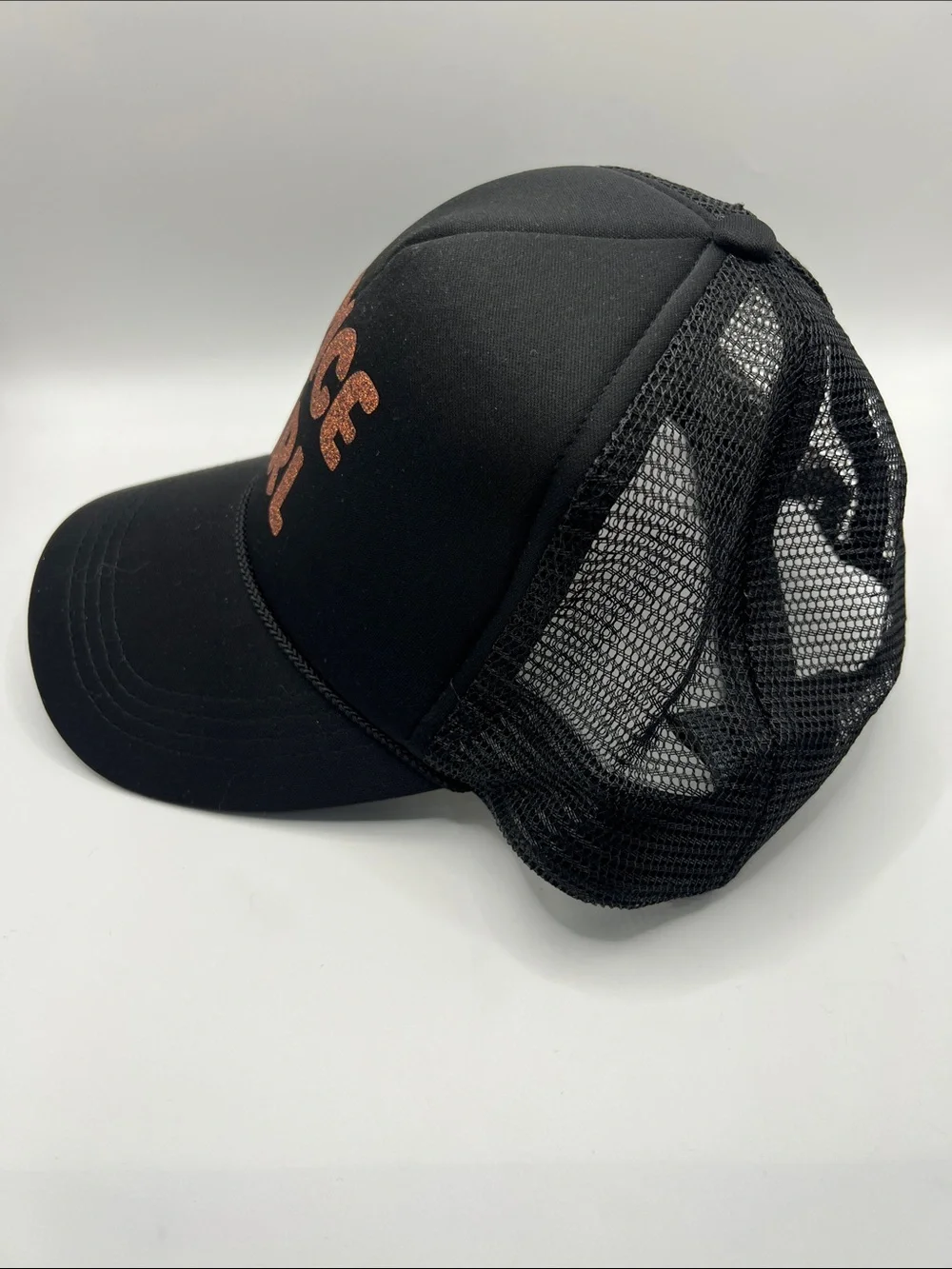 Black 'SPICE GIRL' Trucker Hat with Copper Glitter Letters